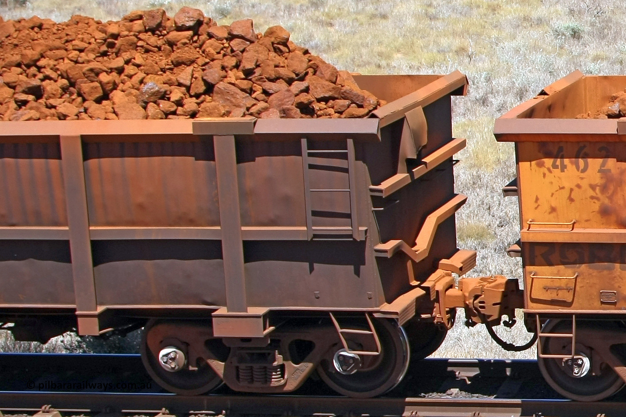 0785 081209 0132
Robe River ore waggon 785, built by Centurion Industries WA, fixed coupler non-handbrake side loaded view showing drop rib end at the 7 km location just south of Cape Lambert yard. December 9, 2008.
Keywords: 785;Centurion-Industries-WA;Robe-ore-waggon;