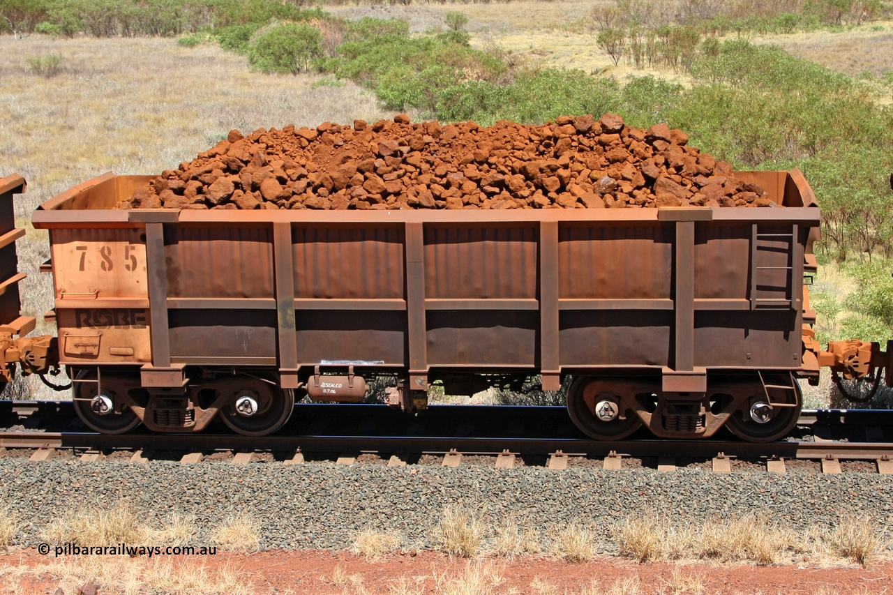 0785 081209 0133
Robe River ore waggon 785, built by Centurion Industries WA, fixed coupler non-handbrake side loaded view at the 7 km location just south of Cape Lambert yard. December 9, 2008.
Keywords: 785;Centurion-Industries-WA;Robe-ore-waggon;