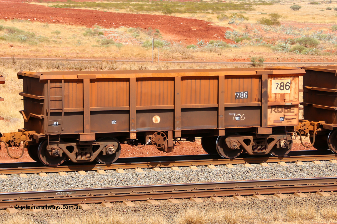 0786 141124 6854
Robe River ore waggon 786, built by Centurion Industries WA, fixed coupler handbrake side empty view at the 25 km at Arches Siding on the Cape Lambert line. November 24, 2014.
Keywords: 786;Centurion-Industries-WA;Robe-ore-waggon;