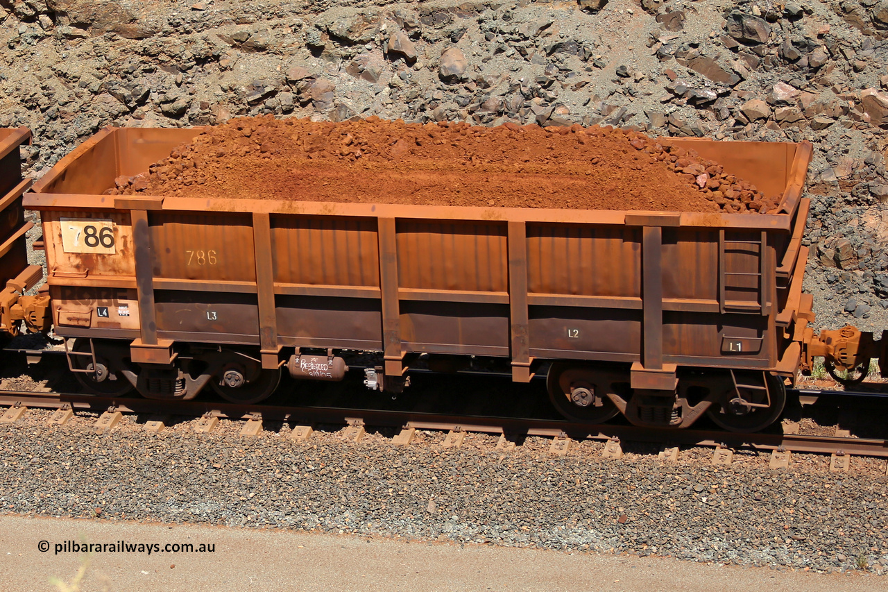 0786 160306 1639
Robe River ore waggon 786, built by Centurion Industries WA, fixed coupler non-handbrake side loaded view, at the 45 km, Harding Siding on the Cape Lambert line. March 6, 2016.
Keywords: 786;Centurion-Industries-WA;Robe-ore-waggon;