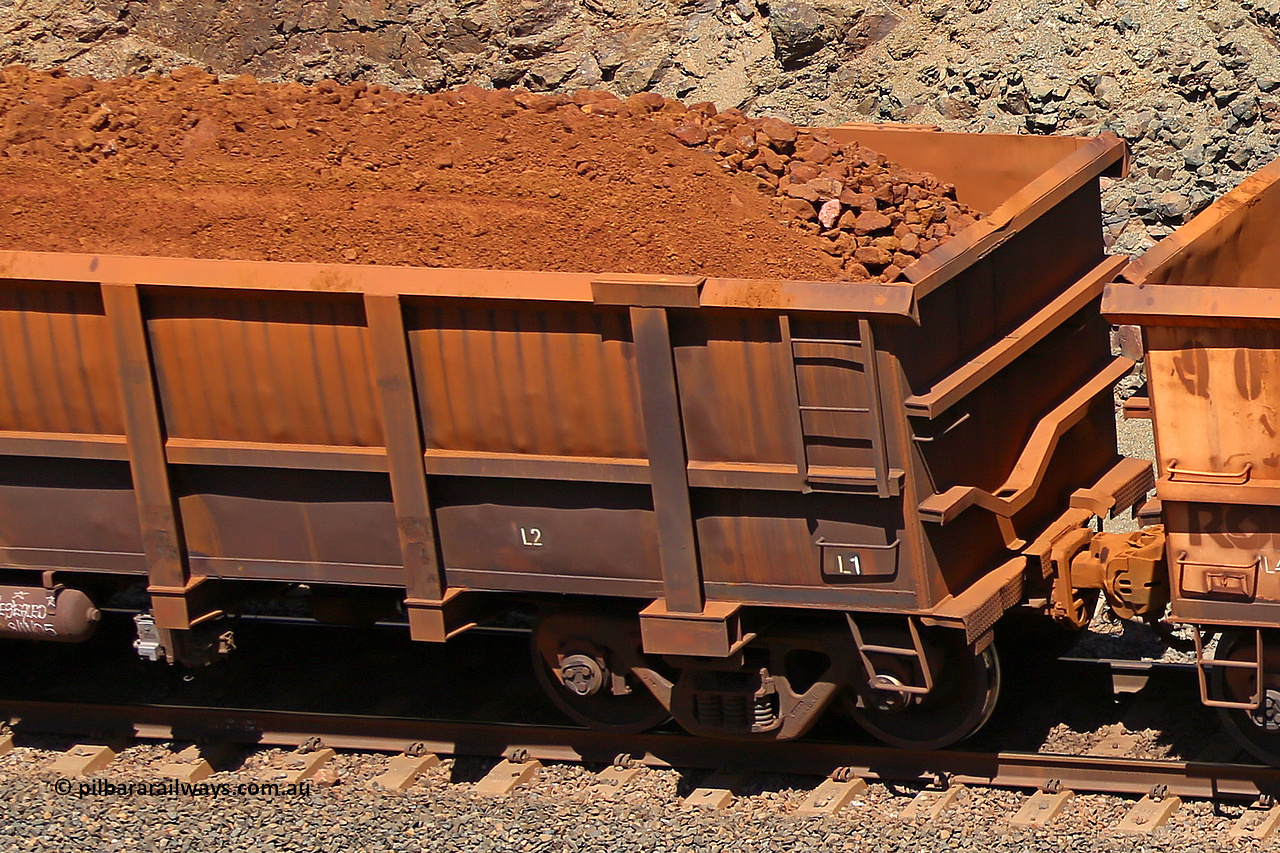 0786 160306 1640
Robe River ore waggon 786, built by Centurion Industries WA, fixed coupler non-handbrake side loaded view, shows drop rib detail, at the 45 km, Harding Siding on the Cape Lambert line. March 6, 2016.
Keywords: 786;Centurion-Industries-WA;Robe-ore-waggon;