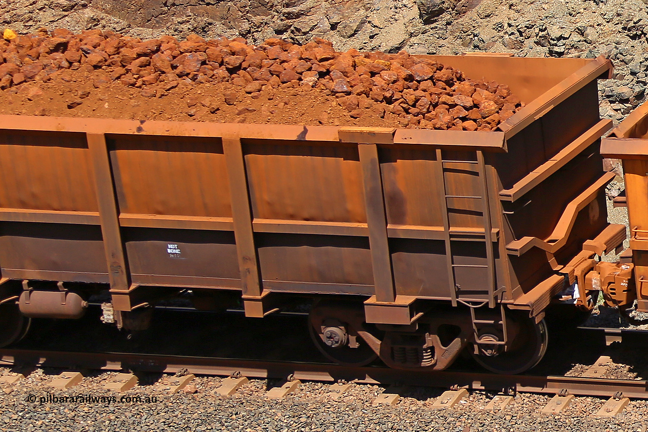 0787 160306 1664
Robe River ore waggon 787, built by Centurion Industries WA, fixed coupler non-handbrake side loaded view, shows drop rib detail, at the 45 km, Harding Siding on the Cape Lambert line. March 6, 2016.
Keywords: 787;Centurion-Industries-WA;Robe-ore-waggon;