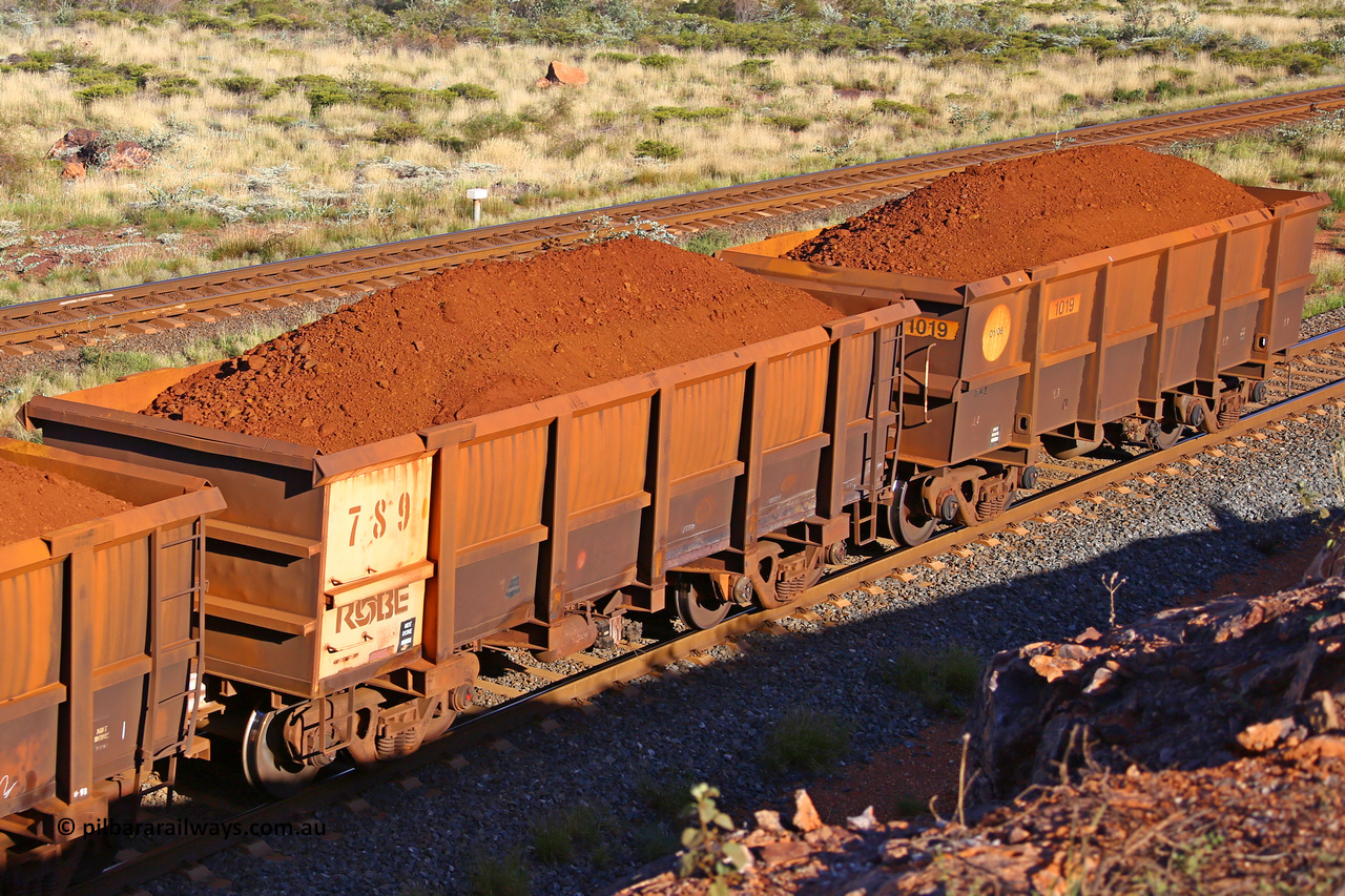 0789-1019 210322 9795
Robe River ore waggon 786, built by Centurion Industries  WA, rotary coupler end non-handbrake side loaded view, comparison with Bradken style waggon, at the 17 km on the Cape Lambert line, March 22, 2021.
Keywords: 789;Centurion-Industries-WA;Robe-ore-waggon;
