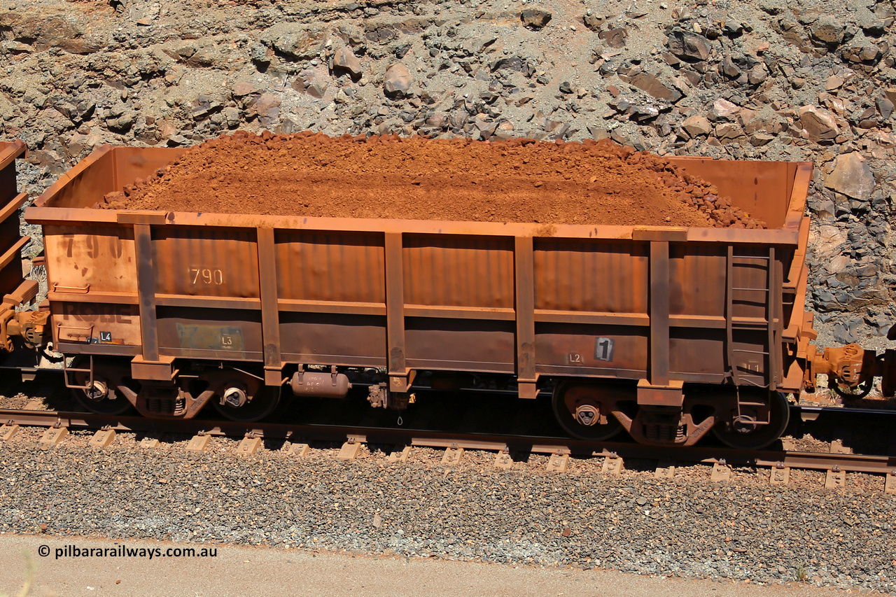 0790 160306 1611
Robe River ore waggon 790, built by Centurion Industries WA, fixed coupler non-handbrake side loaded view, at the 45 km, Harding Siding on the Cape Lambert line. March 6, 2016.
Keywords: 790;Centurion-Industries-WA;Robe-ore-waggon;