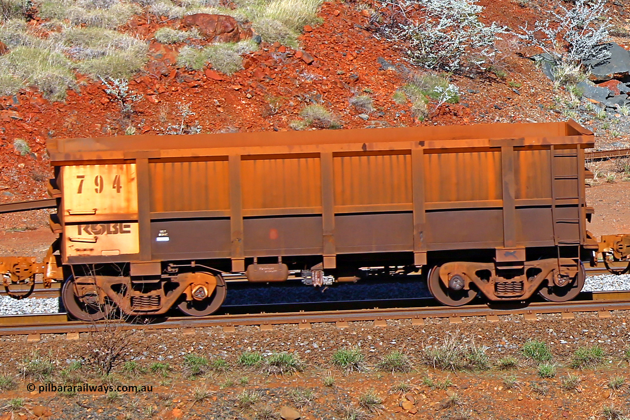 0794 180616 1727
Robe River ore waggon 794, built by Centurion Industries WA, rotary coupler end non-handbrake side empty view at the 38 km, Harding on the Cape Lambert line, June 16, 2018.
Keywords: 794;Centurion-Industries-WA;Robe-ore-waggon;
