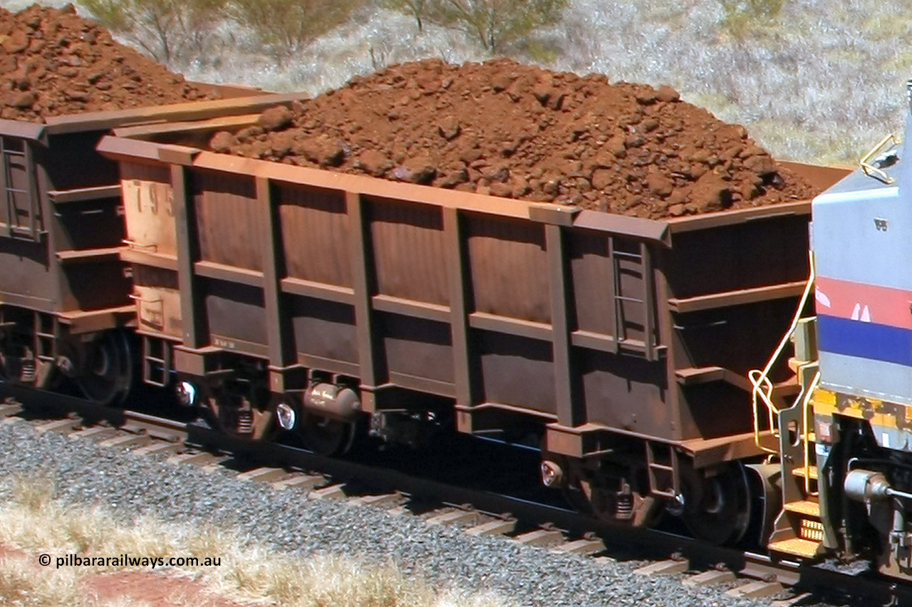 0795 081209 0107
Robe River ore waggon 795, built by Centurion Industries WA, fixed coupler non-handbrake side loaded view at the 7 km location just south of Cape Lambert yard. December 9, 2008.
Keywords: 795;Centurion-Industries-WA;Robe-ore-waggon;