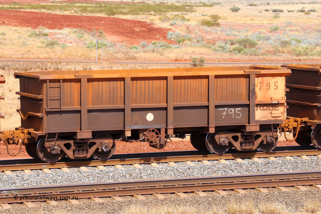 0795 141124 6833
Robe River ore waggon 795, built by Centurion Industries WA, fixed coupler handbrake side empty view at the 25 km at Arches Siding on the Cape Lambert line. November 24, 2014.
Keywords: 795;Centurion-Industries-WA;Robe-ore-waggon;