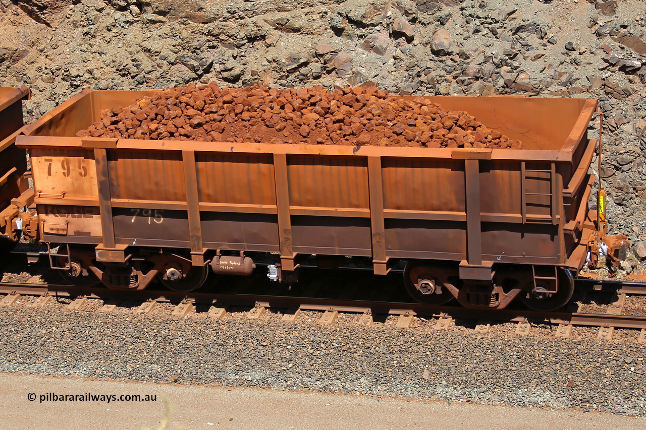 0795 160306 1674
Robe River ore waggon 795, built by Centurion Industries WA, fixed coupler non-handbrake side loaded end of train view, at the 45 km, Harding Siding on the Cape Lambert line. March 6, 2016.
Keywords: 795;Centurion-Industries-WA;Robe-ore-waggon;
