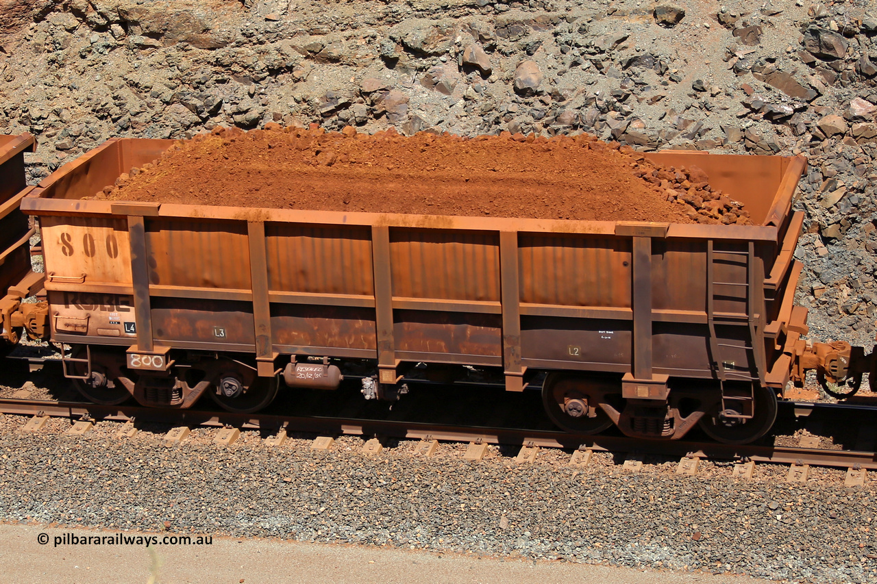 0800 160306 1633
Robe River ore waggon 800, built by Centurion Industries WA, fixed coupler non-handbrake side loaded view, at the 45 km, Harding Siding on the Cape Lambert line. March 6, 2016.
Keywords: 800;Centurion-Industries-WA;Robe-ore-waggon;