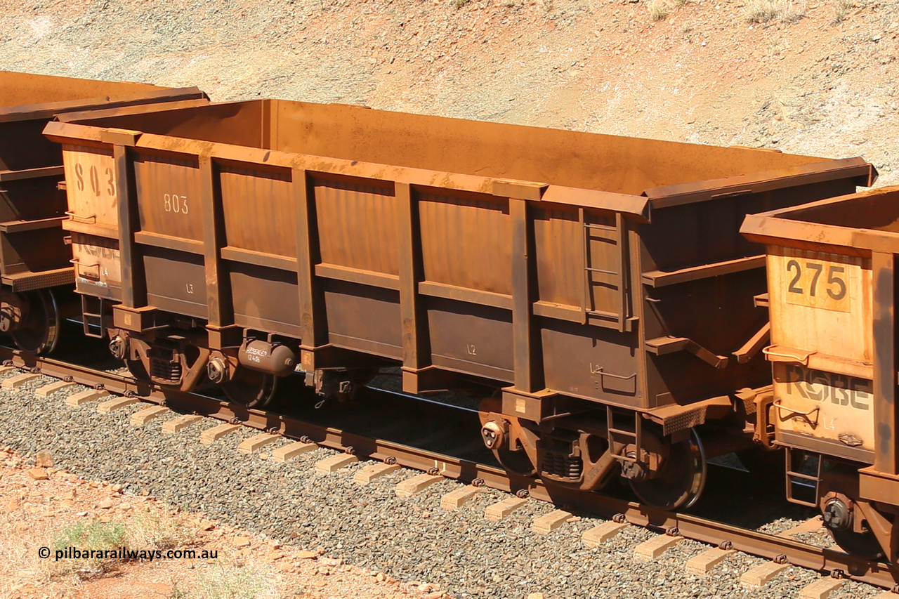 0803 160306 1323
Robe River ore waggon 803, built by Centurion Industries WA, fixed coupler non-handbrake side empty view shows drop rib at Greenpool on the Cape Lambert line. March 6, 2016.
Keywords: 803;Centurion-Industries-WA;Robe-ore-waggon;