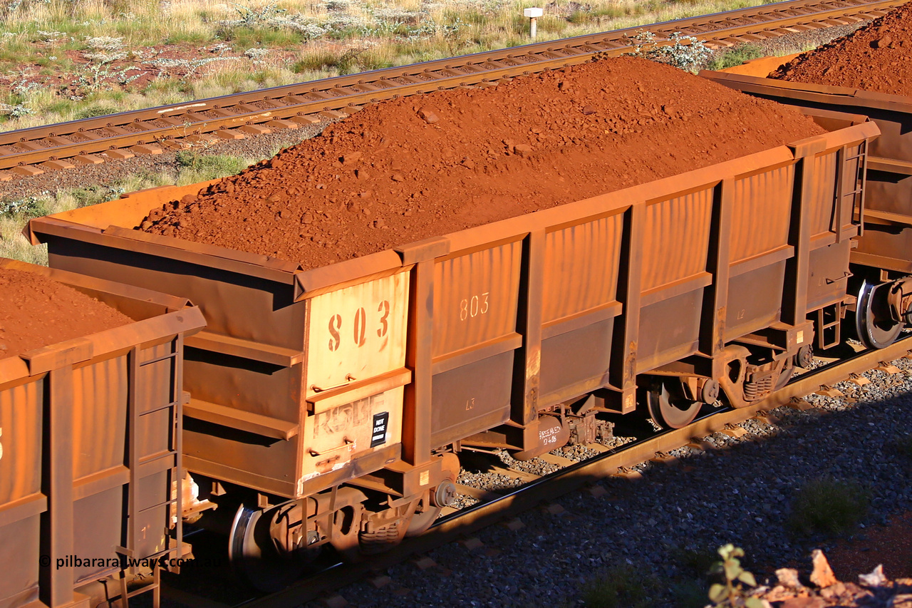 0803 210322 9713
Robe River ore waggon 803, built by Centurion Industries  WA, rotary coupler end non-handbrake side loaded view at the 17 km on the Cape Lambert line, March 22, 2021.
Keywords: 803;Centurion-Industries-WA;Robe-ore-waggon;