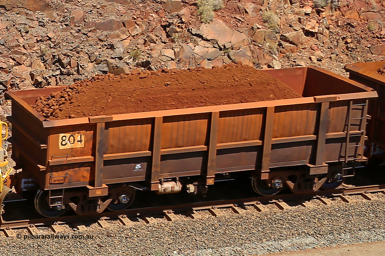 0804 160306 1507
Robe River ore waggon 804, built by Centurion Industries WA, rotary coupler end non-handbrake side loaded view, at the 45 km, Harding Siding on the Cape Lambert line. March 6, 2016.
Keywords: 804;Centurion-Industries-WA;Robe-ore-waggon;