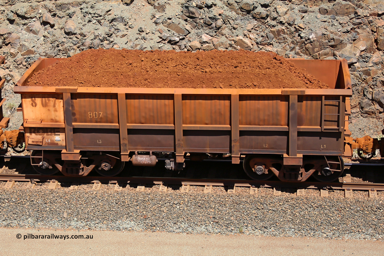 0807 160306 1545
Robe River ore waggon 807, built by Centurion Industries WA, fixed coupler non-handbrake side loaded view, at the 45 km, Harding Siding on the Cape Lambert line. March 6, 2016.
Keywords: 807;Centurion-Industries-WA;Robe-ore-waggon;