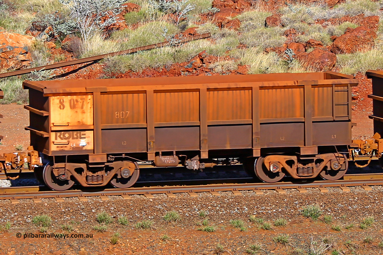 0807 180616 1694
Robe River ore waggon 807, built by Centurion Industries WA, rotary coupler end non-handbrake side empty view at the 38 km, Harding on the Cape Lambert line, June 16, 2018.
Keywords: 807;Centurion-Industries-WA;Robe-ore-waggon;