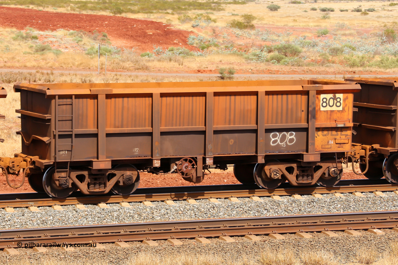0808 141124 6809
Robe River ore waggon 808, built by Centurion Industries WA, fixed coupler handbrake side empty view at the 25 km at Arches Siding on the Cape Lambert line. November 24, 2014.
Keywords: 808;Centurion-Industries-WA;Robe-ore-waggon;