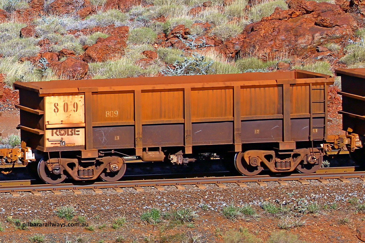 0809 180616 1709
Robe River ore waggon 809, built by Centurion Industries WA, rotary coupler end non-handbrake side empty view at the 38 km, Harding on the Cape Lambert line, June 16, 2018.
Keywords: 809;Centurion-Industries-WA;Robe-ore-waggon;