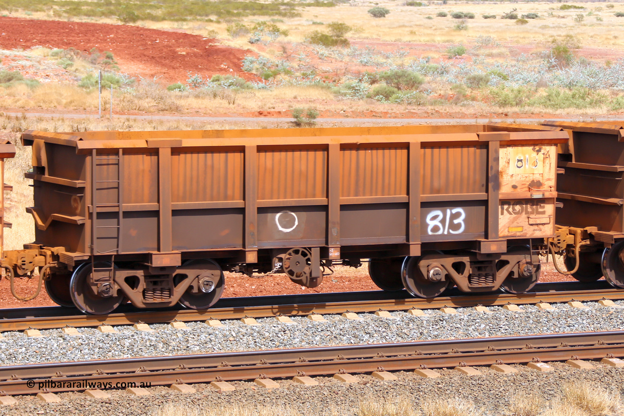0813 141124 6797
Robe River ore waggon 813, built by Centurion Industries WA, fixed coupler handbrake side empty view at the 25 km at Arches Siding on the Cape Lambert line. November 24, 2014.
Keywords: 813;Centurion-Industries-WA;Robe-ore-waggon;
