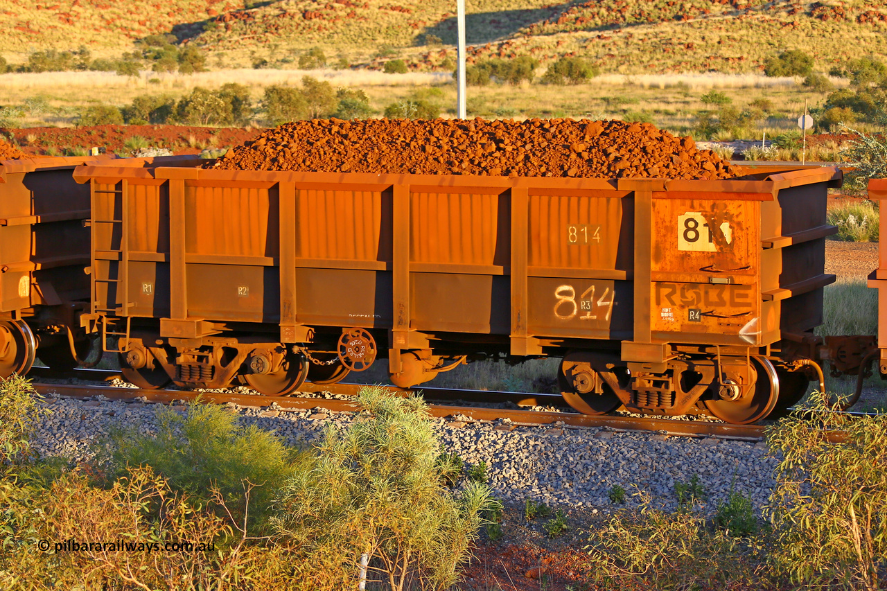 0814 170513 8634
Robe River ore waggon 814, built by Centurion Industries WA, rotary coupler end handbrake side loaded view, Cape Lambert yard, May 13, 2017.
Keywords: 814;Centurion-Industries-WA;Robe-ore-waggon;