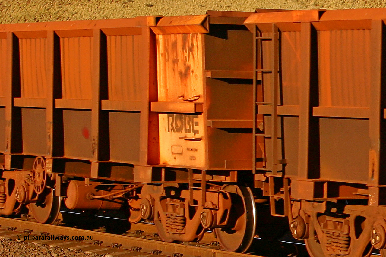 0819 060722 7612
Robe River ore waggon 813, built by Centurion Industries WA, rotary coupler end handbrake side empty partial view, at the 11.7 km, Cape Lambert. July 22, 2006.
Keywords: 819;Centurion-Industries-WA;Robe-ore-waggon;