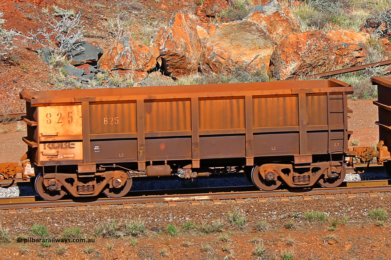 0825 180616 1718
Robe River ore waggon 825, built by Centurion Industries WA, rotary coupler end non-handbrake side empty view at the 38 km, Harding on the Cape Lambert line, June 16, 2018.
Keywords: 825;Centurion-Industries-WA;Robe-ore-waggon;
