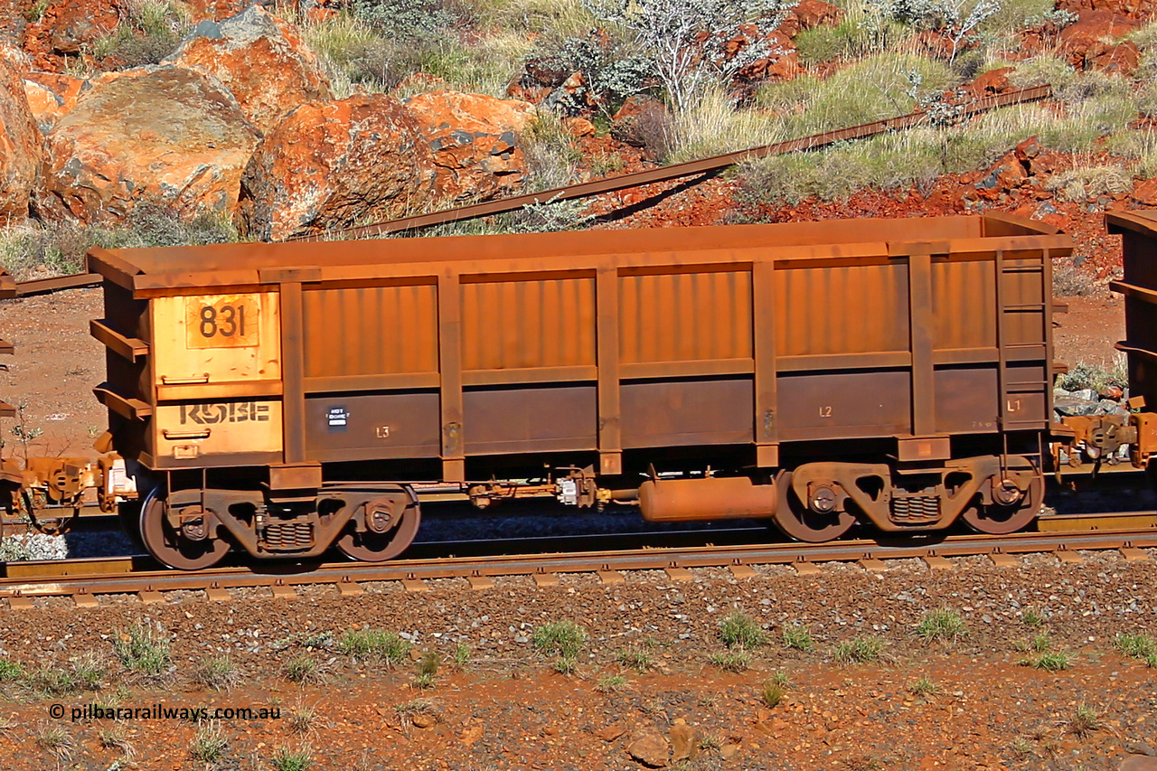 0831 180616 1730
Robe River ore waggon 831, built by Centurion Industries WA, rotary coupler end non-handbrake side empty view at the 38 km, Harding on the Cape Lambert line, June 16, 2018.
Keywords: 831;Centurion-Industries-WA;Robe-ore-waggon;