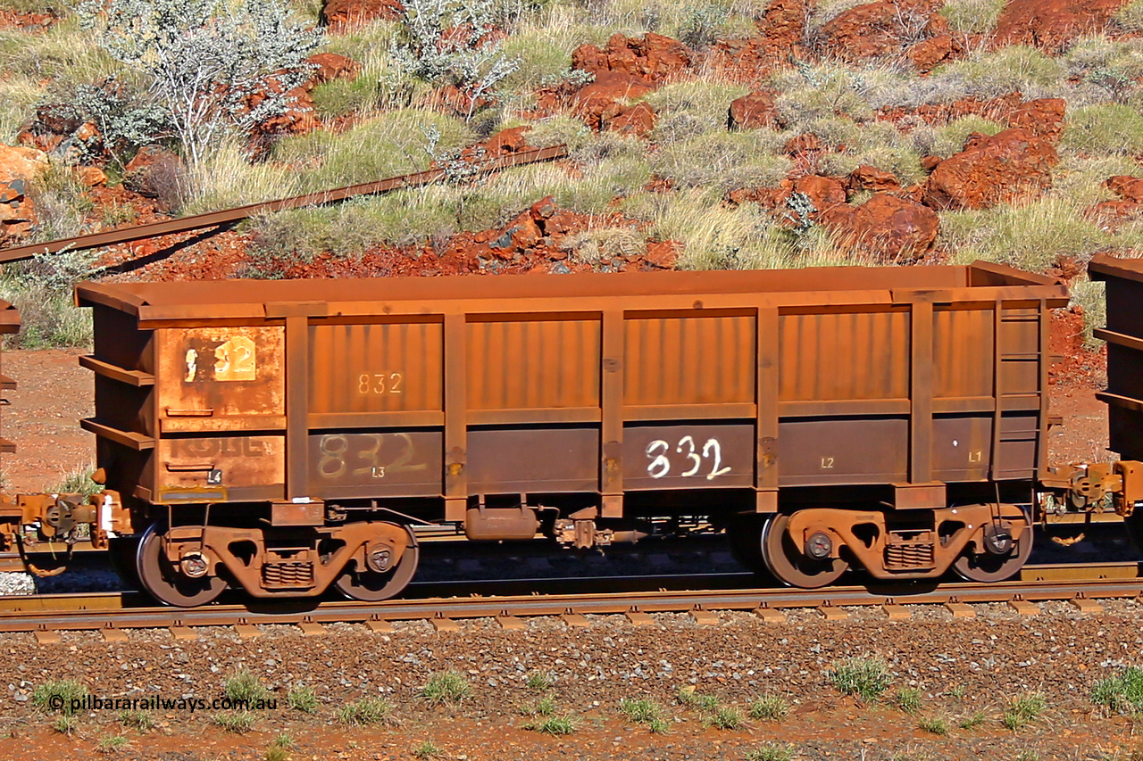 0832 180616 1696
Robe River ore waggon 832, built by Centurion Industries WA, rotary coupler end non-handbrake side empty view at the 38 km, Harding on the Cape Lambert line, June 16, 2018.
Keywords: 832;Centurion-Industries-WA;Robe-ore-waggon;