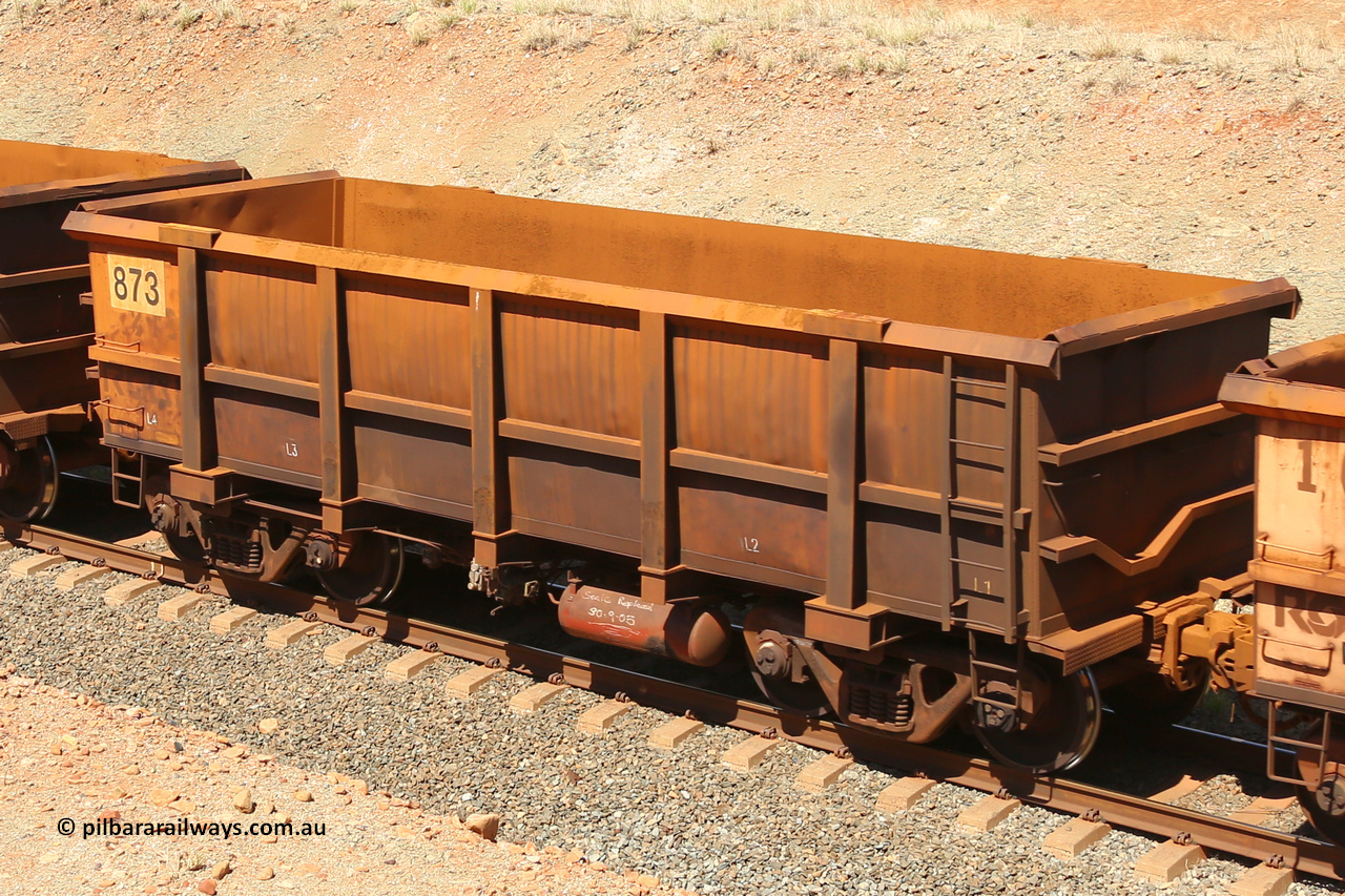 0873 160306 1281
Robe River ore waggon 873, built by Centurion Industries WA, fixed coupler non-handbrake side empty view at Greenpool on the Cape Lambert line. March 6, 2016.
Keywords: 873;Centurion-Industries-WA;Robe-ore-waggon;