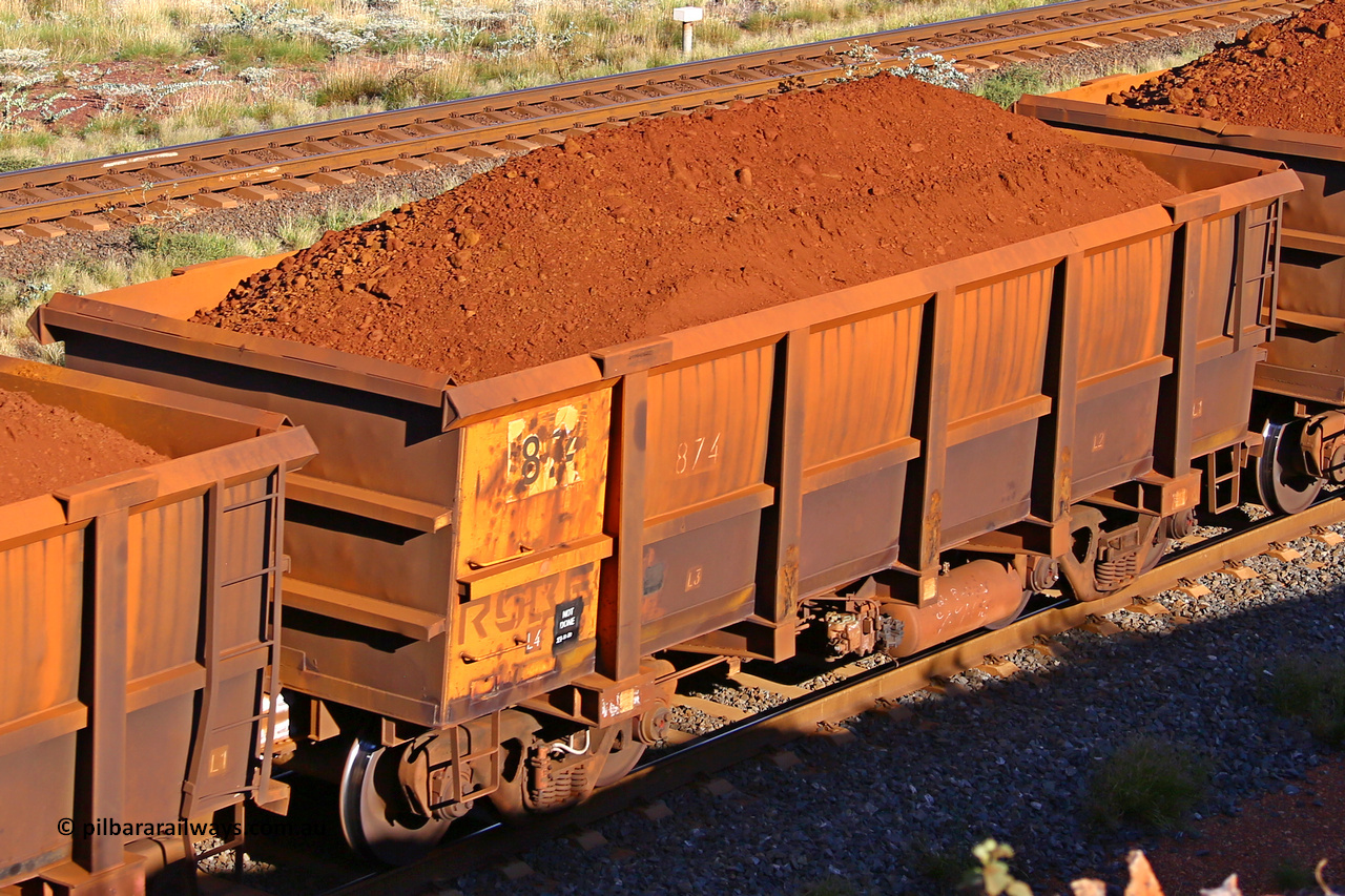 0874 210322 9772
Robe River ore waggon 874, built by Centurion Industries  WA, rotary coupler end non-handbrake side loaded view at the 17 km on the Cape Lambert line, March 22, 2021.
Keywords: 874;Centurion-Industries-WA;Robe-ore-waggon;