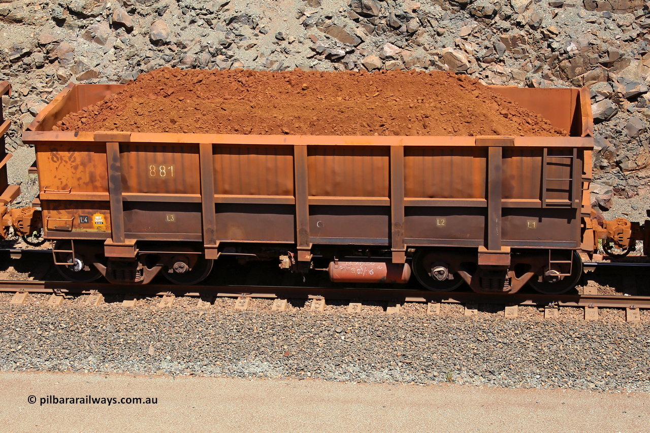0881 160306 1540
Robe River ore waggon 881, built by Centurion Industries WA, fixed coupler non-handbrake side loaded view, at the 45 km, Harding Siding on the Cape Lambert line. March 6, 2016.
Keywords: 881;Centurion-Industries-WA;Robe-ore-waggon;