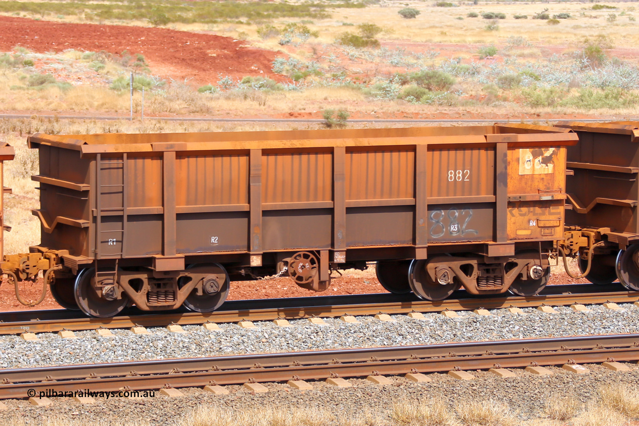 0882 141124 6824
Robe River ore waggon 882, built by Centurion Industries WA, fixed coupler handbrake side empty view at the 25 km at Arches Siding on the Cape Lambert line. November 24, 2014.
Keywords: 882;Centurion-Industries-WA;Robe-ore-waggon;
