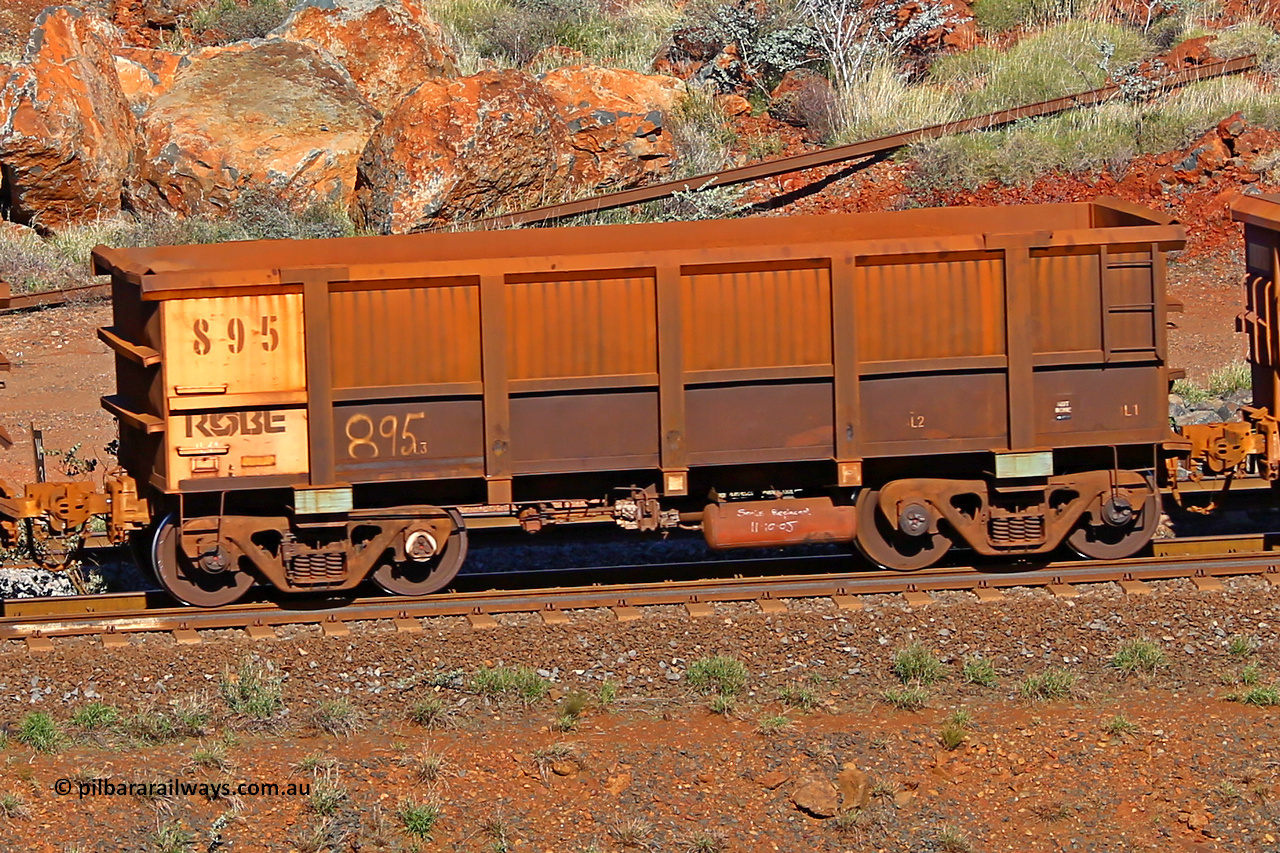 0895 180616 1720
Robe River ore waggon 895, built by Centurion Industries WA, rotary coupler end non-handbrake side empty view at the 38 km, Harding on the Cape Lambert line, June 16, 2018.
Keywords: 895;Centurion-Industries-WA;Robe-ore-waggon;