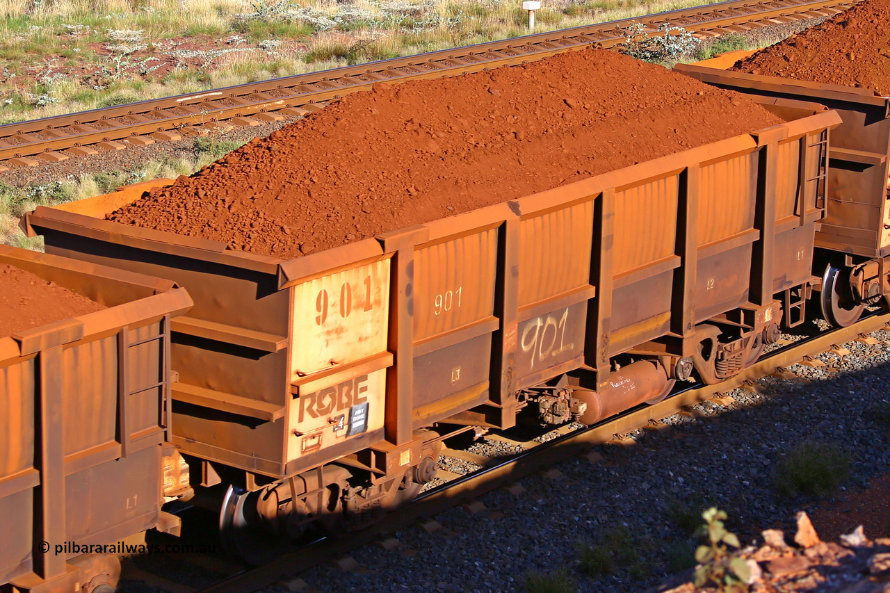 0901 210322 9708
Robe River ore waggon 901, built by Centurion Industries  WA, rotary coupler end non-handbrake side loaded view at the 17 km on the Cape Lambert line, March 22, 2021.
Keywords: 901;Centurion-Industries-WA;Robe-ore-waggon;