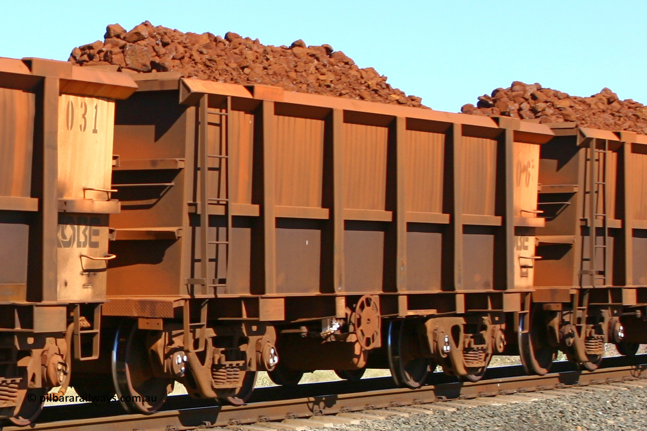 0906 060716 7190
Robe River ore waggon 906, built by Centurion Industries WA, fixed coupler end handbrake side loaded. Western Creek, July 16, 2006.
Keywords: 906;Centurion-Industries-WA;Robe-ore-waggon;