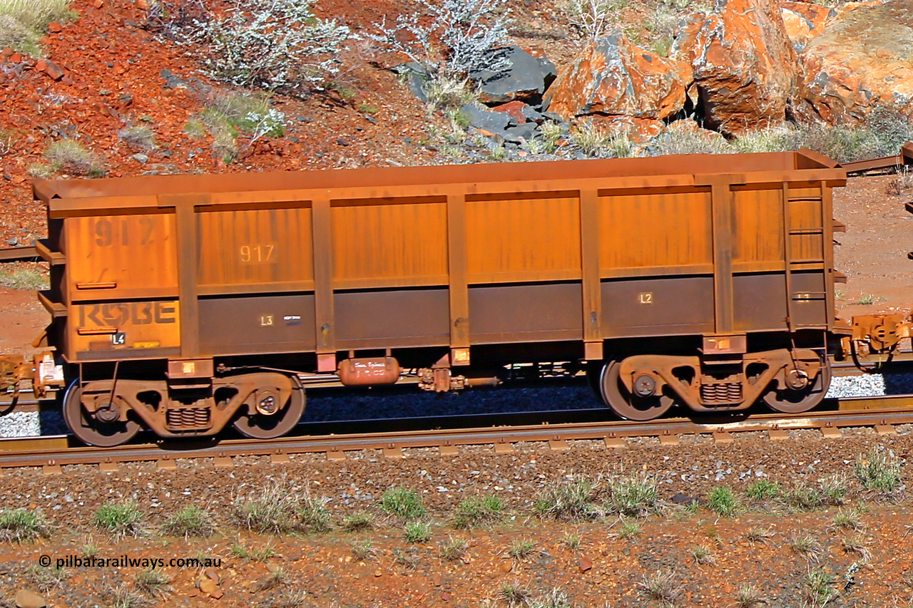 0917 180616 1711
Robe River ore waggon 917, built by Centurion Industries WA, rotary coupler end non-handbrake side empty view at the 38 km, Harding on the Cape Lambert line, June 16, 2018.
Keywords: 917;Centurion-Industries-WA;Robe-ore-waggon;