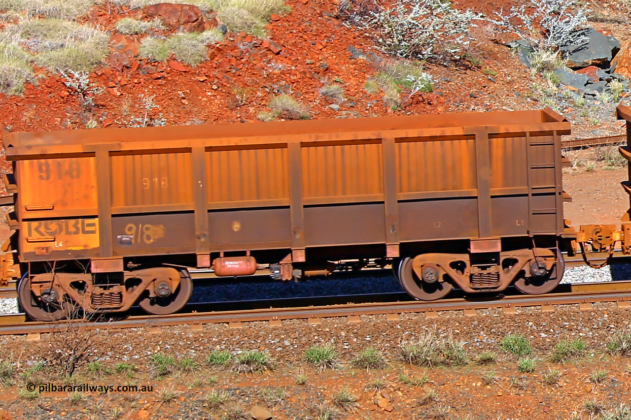 0918 180616 1716
Robe River ore waggon 918, built by Centurion Industries WA, rotary coupler end non-handbrake side empty view at the 38 km, Harding on the Cape Lambert line, June 16, 2018.
Keywords: 918;Centurion-Industries-WA;Robe-ore-waggon;