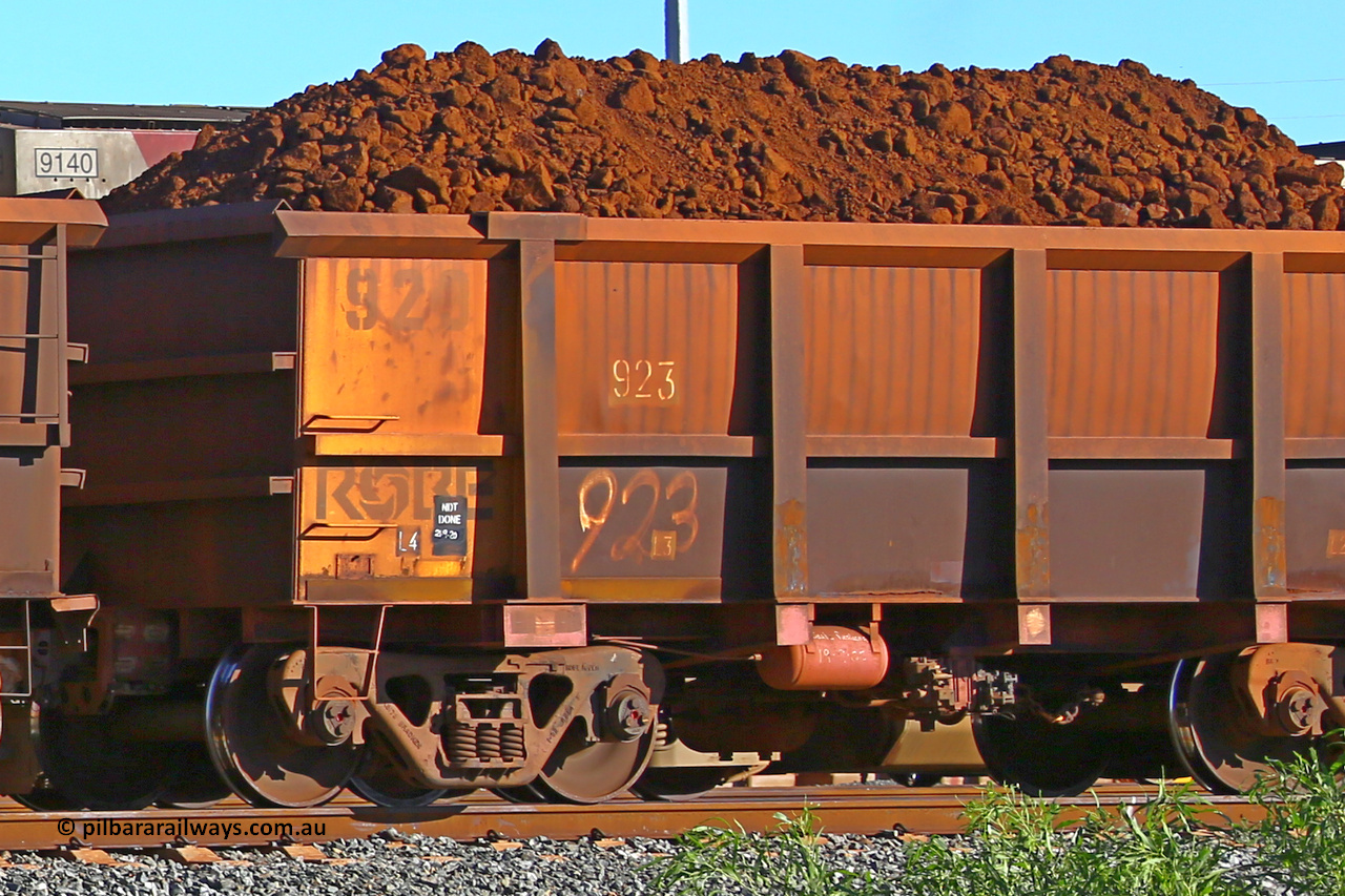 0923 210322 9394
Robe River ore waggon 923, built by Centurion Industries  WA, rotary coupler end non-handbrake side loaded view at the 17 km on the Cape Lambert line, March 22, 2021.
Keywords: 923;Centurion-Industries-WA;Robe-ore-waggon;