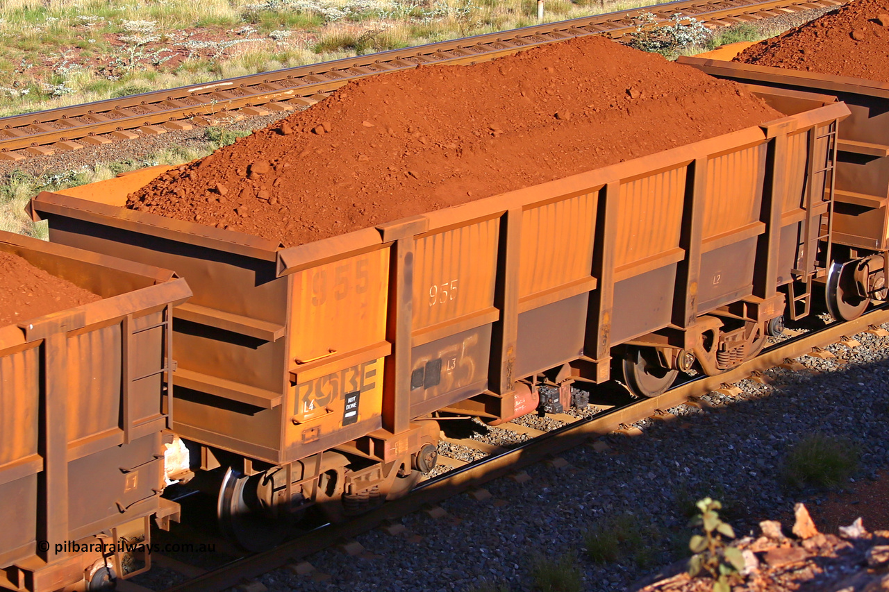 0955 210322 9691
Robe River ore waggon 955, built by Centurion Industries  WA, rotary coupler end non-handbrake side loaded view at the 17 km on the Cape Lambert line, March 22, 2021.
Keywords: 955;Centurion-Industries-WA;Robe-ore-waggon;