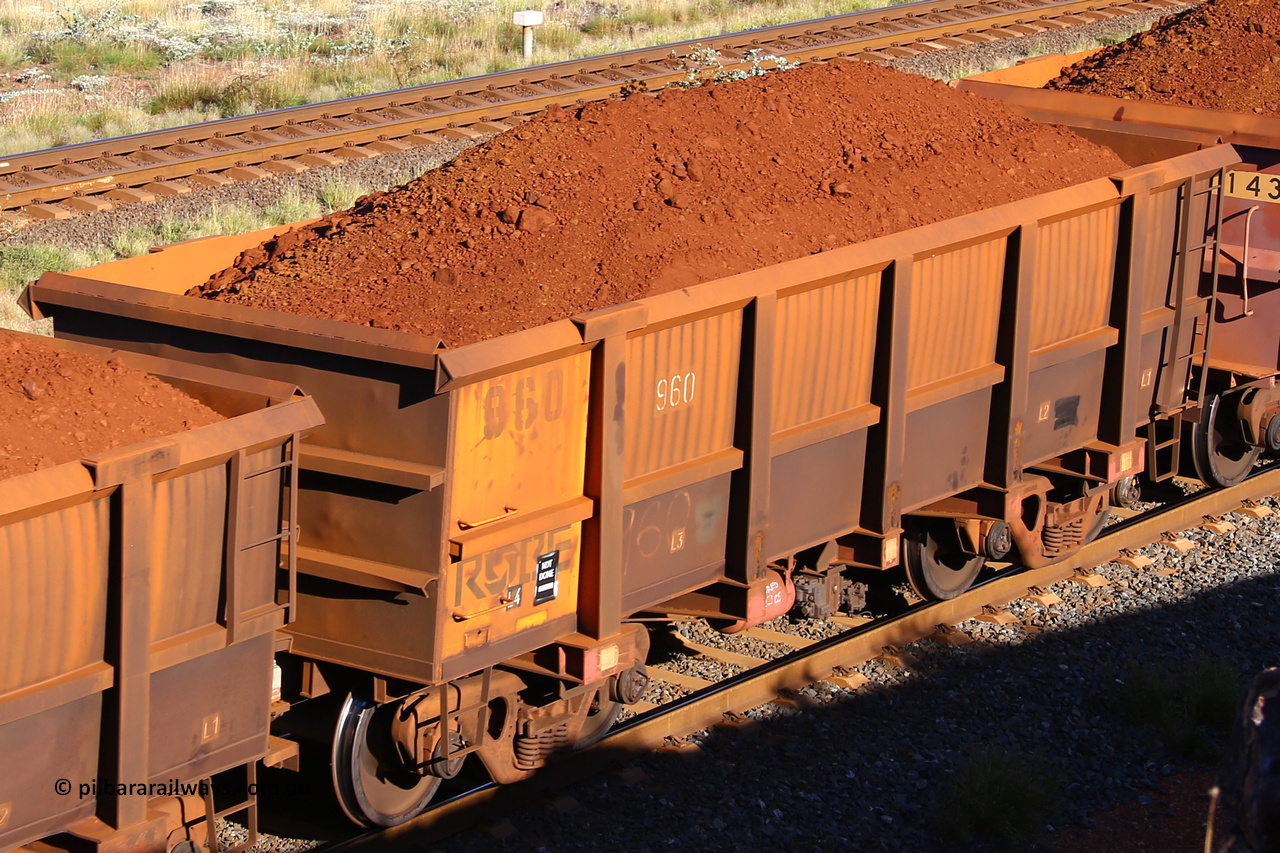 0960 210322 9735
Robe River ore waggon 960, built by Centurion Industries  WA, rotary coupler end non-handbrake side loaded view at the 17 km on the Cape Lambert line, March 22, 2021.
Keywords: 960;Centurion-Industries-WA;Robe-ore-waggon;