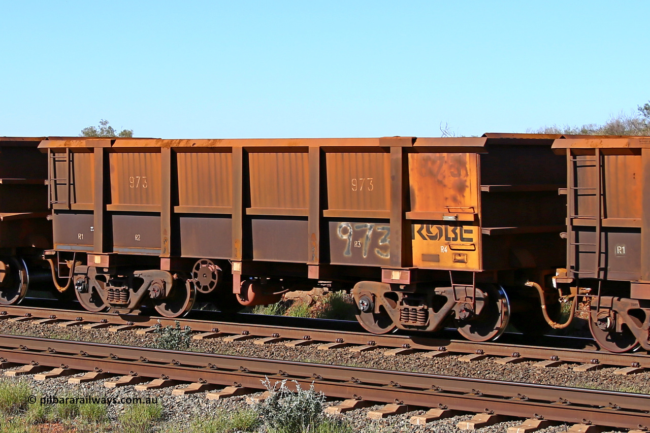 0973 160727 0983
Robe River ore waggon 967, built by Centurion Industries WA, rotary coupler end handbrake side empty view at Harding Siding on the Cape Lambert line, July 27, 2016.
Keywords: 973;Centurion-Industries-WA;Robe-ore-waggon;