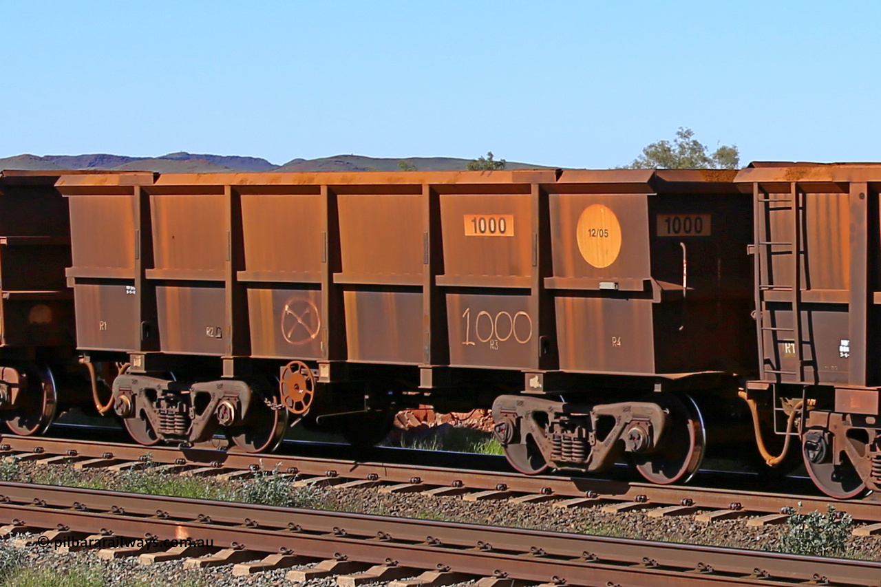 1000 160727 0981
Robe River ore waggon 1000, class leader built by Bradken Rail Qld in December 2005, rotary coupler end handbrake side empty view at Harding Siding on the Cape Lambert line, July 27, 2016.
Keywords: 1000;Bradken-Rail-Qld;Robe-ore-waggon;
