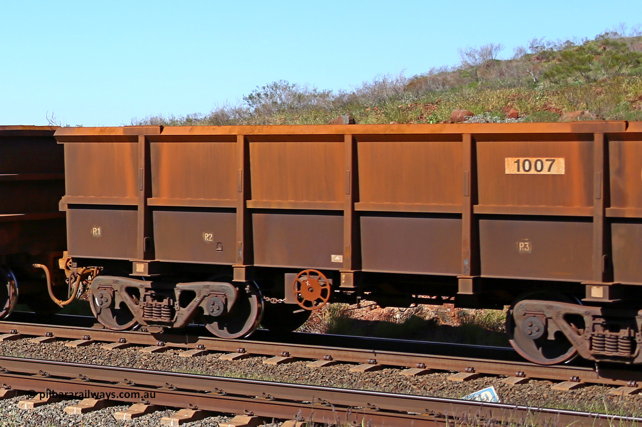 1007 160727 0959
Robe River ore waggon 1007, built by Bradken Rail Qld in December 2005, rotary coupler end handbrake side empty partial view at Harding Siding on the Cape Lambert line, July 27, 2016.
Keywords: 1007;Bradken-Rail-Qld;Robe-ore-waggon;