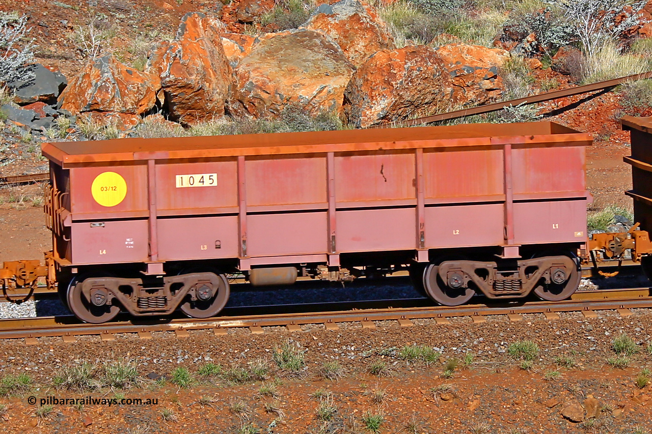 1045 180616 1715
Robe River ore waggon 1044, built by Bradken Rail Qld in March 2012, rotary coupler end non-handbrake side empty view, at the 38 km, Harding on the Cape Lambert line, June 16, 2018.
Keywords: 1045;Bradken-Rail-Qld;Robe-ore-waggon;