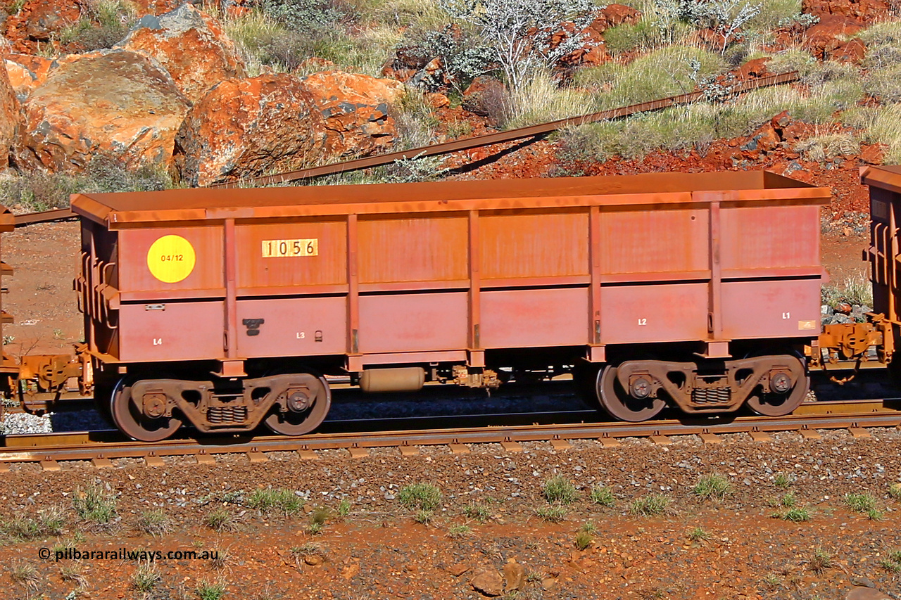 1056 180616 1708
Robe River ore waggon 1056, built by Bradken Rail Qld in April 2012, rotary coupler end non-handbrake side empty view, at the 38 km, Harding on the Cape Lambert line, June 16, 2018.
Keywords: 1056;Bradken-Rail-Qld;Robe-ore-waggon;