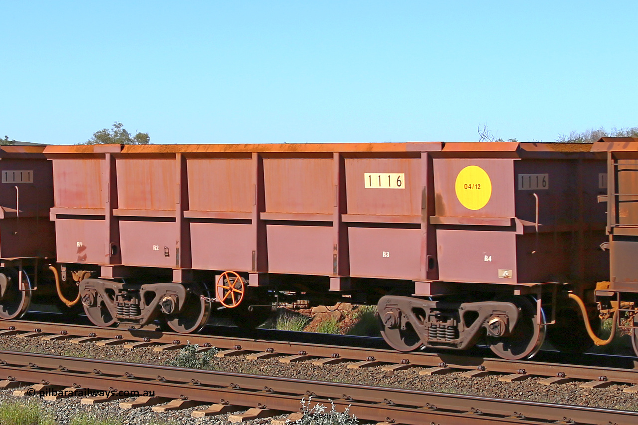 1116 160727 0954
Robe River ore waggon 1116, built by Bradken Rail Qld in March 2012, rotary coupler end handbrake side empty view at Harding Siding on the Cape Lambert line, July 27, 2016.
Keywords: 1116;Bradken-Rail-Qld;Robe-ore-waggon;