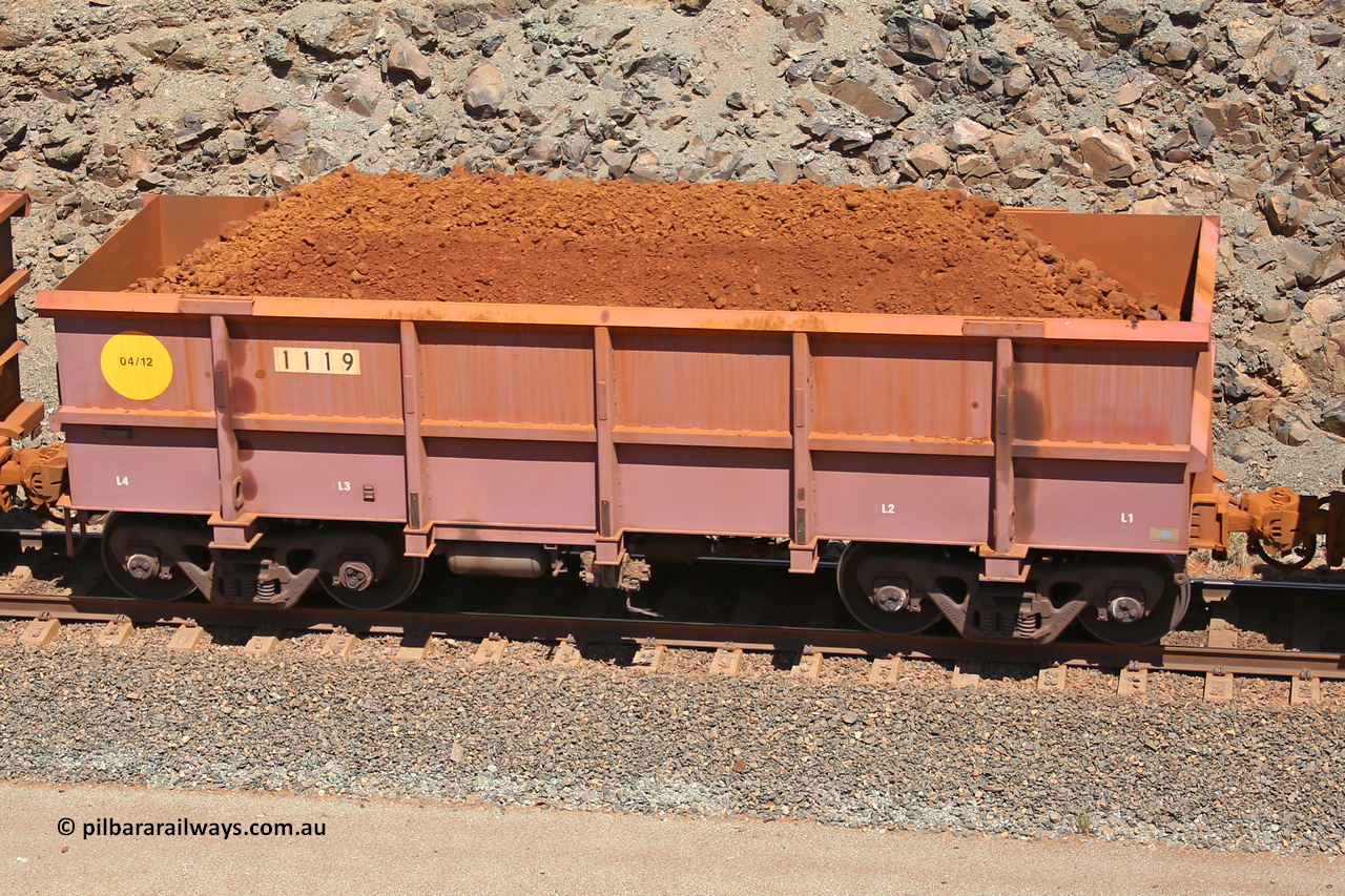 1119 160306 1587
Robe River ore waggon 1119, built by Bradken Rail Qld in April 2012, fixed coupler non-handbrake side loaded view, at the 45 km, Harding Siding on the Cape Lambert line. March 6, 2016.
Keywords: 1119;Bradken-Rail-Qld;Robe-ore-waggon;