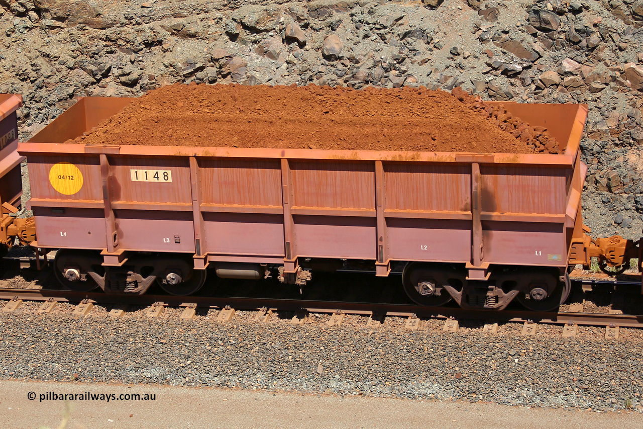 1148 160306 1608
Robe River ore waggon 1148, built by Bradken Rail Qld in April 2012, fixed coupler non-handbrake side loaded detail view of fixed coupler end, at the 45 km, Harding Siding on the Cape Lambert line. March 6, 2016.
Keywords: 1148;Bradken-Rail-Qld;Robe-ore-waggon;