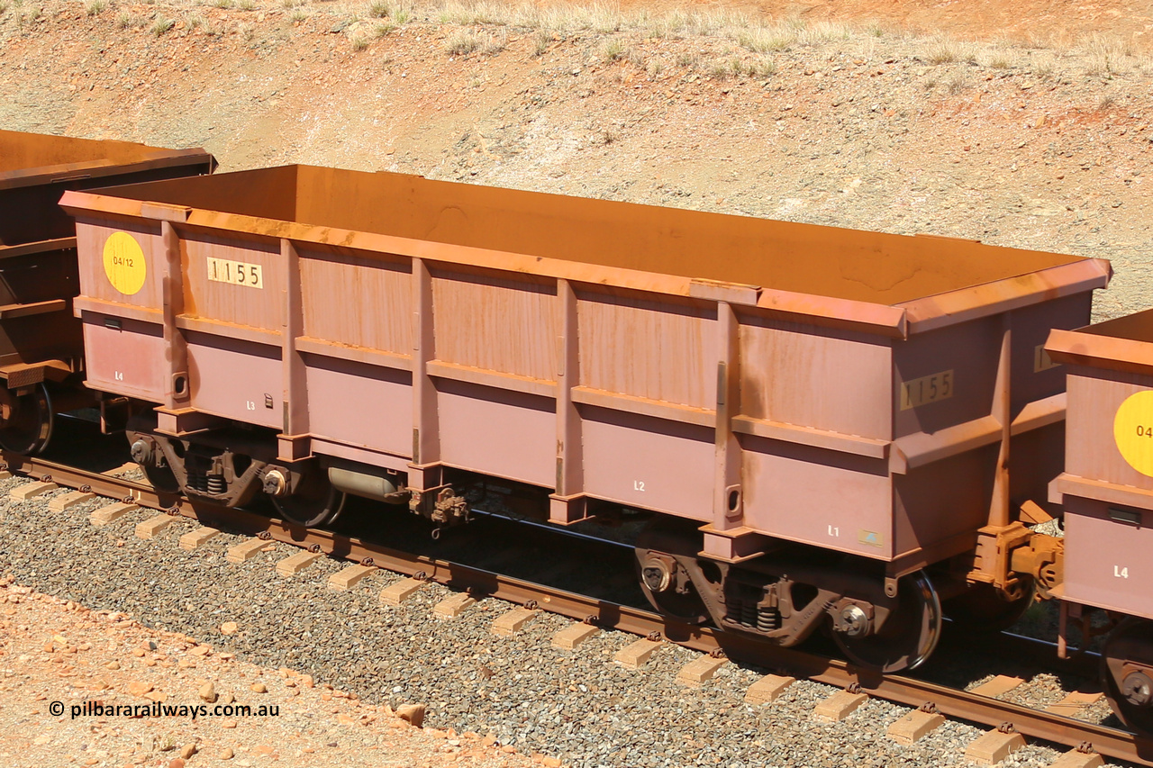 1155 160306 1283
Robe River ore waggon 1155, built by Bradken Rail Qld in April 2012, fixed coupler non-handbrake side empty view at Greenpool on the Cape Lambert line. March 6, 2016.
Keywords: 1155;Bradken-Rail-Qld;Robe-ore-waggon;