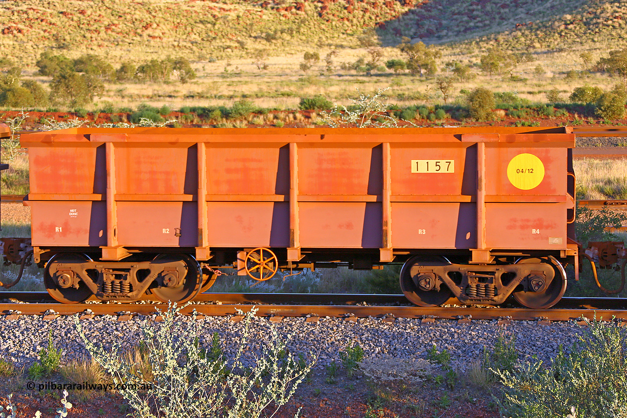 1157 170513 8768
Robe River ore waggon 1157, built by Bradken Rail Qld in April 2012, handbrake side empty view, Cape Lambert yard, May 13, 2017.
Keywords: 1157;Bradken-Rail-Qld;Robe-ore-waggon;