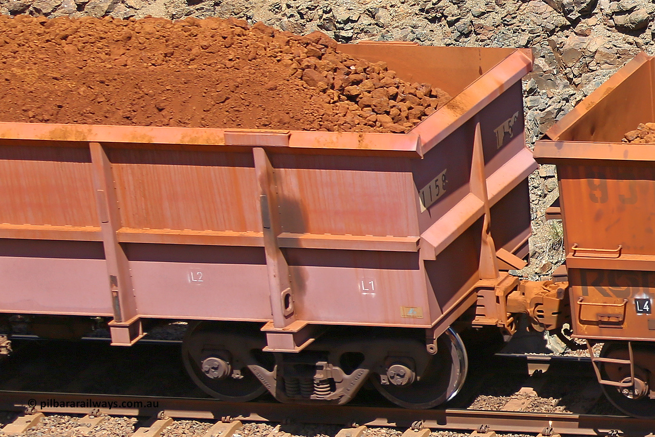 1158 160306 1595
Robe River ore waggon 1158, built by Bradken Rail Qld in May 2012, fixed coupler non-handbrake side loaded detail view of fixed coupler end, at the 45 km, Harding Siding on the Cape Lambert line. March 6, 2016.
Keywords: 1158;Bradken-Rail-Qld;Robe-ore-waggon;