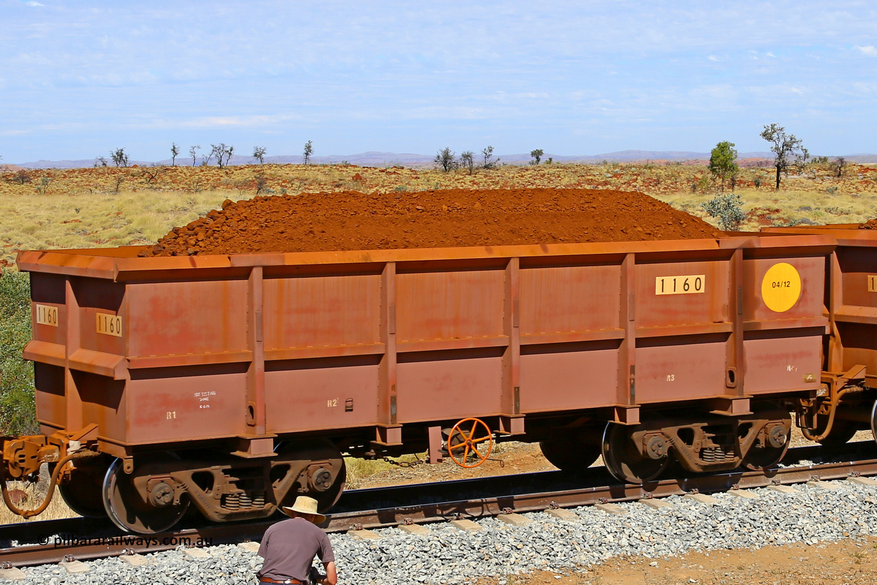 1160 170729 0258
Robe River ore waggon 1160, built by Bradken Rail Qld in April 2012, fixed coupler handbrake side loaded view at the 103 km, between Maitland Siding and the Fortescue River on the Deepdale line. July 29, 2017.
Keywords: 1160;Bradken-Rail-Qld;Robe-ore-waggon;